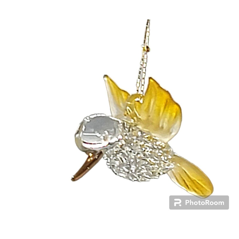 Vintage Clear Glass Hand Blown Bird Yellow Wings Tail Gold Tone Beak Ornament